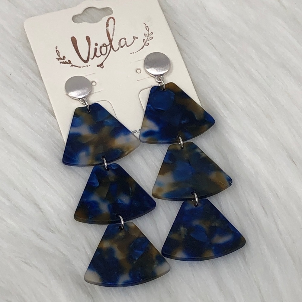 Triple Blue Silver Dangle Statement Post Earrings